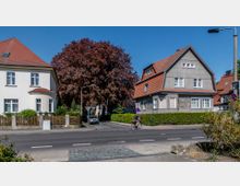 Straßenszene in einem Wohngebiet mit zwei freistehenden Häusern im klassischen Baustil mit roten Ziegeldächern und großen Fenstern, umgeben von Gärten und Hecken. Ein Fahrradfahrer überquert die Straße, im Hintergrund steht ein hoher Baum mit dunkelrotem Laub.