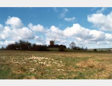 Landschaft mit einer historischen Windmühle auf einem kleinen Hügel, umgeben von Büschen und Bäumen. Im Vordergrund eine weitläufige Wiese, darüber ein Himmel mit lockeren Wolkenformationen.