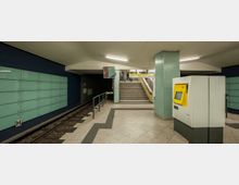 U-Bahn-Station mit einem Bahnsteig, Gleisen auf der linken Seite, einer gelben Fahrkartenmaschine rechts sowie Treppen und einem Rollband, die zum Ausgang führen. Die Wände sind mit türkisen Fliesen verkleidet und an der Decke befinden sich mehrere Leuchtstofflampen.