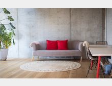 Wohnbereich mit grauem Sofa und roten Kissen vor einer Sichtbetonwand, hellem Holzboden und einem runden, beigen Teppich. Links steht eine große Zimmerpflanze, rechts ein Tisch mit Metallstühlen mit Fellauflagen.