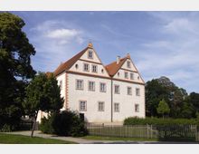 Ein zweigeschossiges historischen Gebäude mit weißer Fassade und roten Dachziegeln, gekennzeichnet durch Ziergiebel, symmetrische Fenster und Umrandungen. Vor dem Gebäude befindet sich ein Holzzaun, eine Grasfläche und mehrere Bäume; im Hintergrund ist blauer Himmel sichtbar.