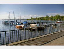 Ein kleiner Hafen an einem See mit mehreren Segel- und Motorbooten, die an schmalen Holzstegen festgemacht sind. Im Hintergrund sind Bäume und eine weitläufige Uferlandschaft zu sehen, während im Vordergrund ein Metallgeländer den Hafenbereich abgrenzt.