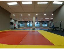 Innenraum eines Trainingsraums mit einem großen Bodenbereich aus farbigen Matten in Rot, Gelb und Blau. Im Hintergrund befinden sich Fitnessgeräte, Boxausrüstung und ein Fenster mit Blick nach draußen; die Beleuchtung erfolgt durch helle Deckenlampen.