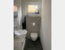 Schmales, modernes Gäste-WC mit wandhängender Toilette, kleiner Waschschale auf Unterschrank und grau strukturierten Wandfliesen. Am Ende des Raums sitzt ein Fenster über der Vorwandinstallation, davor dekorative Elemente und hohe Ziergräser.