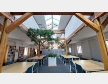 Bibliotheksraum mit Holzbalken an der Decke, großen Fenstern und einer großen Pflanze in einem weißen Topf in der Mitte. Der Raum ist mit Tischen, blauen Stühlen und Bücherregalen an den Wänden ausgestattet.