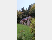 Kleines Gebäude mit rotem Satteldach und bewachsener Fassade, umgeben von einer Wiese und Bäumen im herbstlichen Laub. Im Hintergrund dichter Wald, der das ländliche Ambiente unterstreicht.