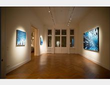 Ein heller Ausstellungsraum mit Holzboden und weißen Wänden, an denen beleuchtete Kunstwerke mit abstrakten, blauen Mustern hängen. Große Fenster auf der Rückseite führen zu einem Blick ins Freie, während eine offene Tür Zugang zu einem angrenzenden Raum bietet.