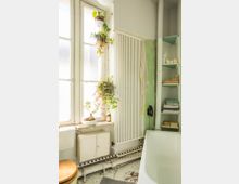 Helles Badezimmer mit großen Fenstern, hängenden und stehenden Zimmerpflanzen, einem Heizkörper an der Wand, einer Badewanne und schmalen Regalböden mit Handtüchern und Pflegeartikeln. Der Boden zeigt Abnutzungsspuren, und darunter sind freiliegende Rohre sichtbar.