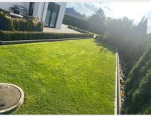 Gepflegter Garten mit großem, rechteckigem Rasenstück neben einer modernen Hausfassade mit Terrasse und Glas-Schiebetür. Entlang der Ränder verlaufen niedrige Beton-Einfassungen, Hecken und eine Reihe dichter Nadelgehölze als Sichtschutz.