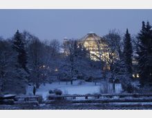 Schneebedeckter Park mit Bäumen im Vordergrund und einem beleuchteten Gewächshaus aus Glas und Stahl im Hintergrund, aufgenommen in der Dämmerung.