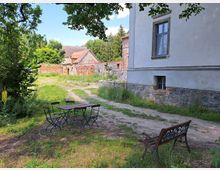 Ein ländlicher Hof mit einer Wiese, einem Schotterweg und mehreren Gebäuden aus Stein und Backstein im Hintergrund. Im Vordergrund stehen eine Holzbank und ein Tisch mit Stühlen unter Bäumen.