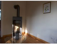 Raum mit einem modernen Kaminofen in der Ecke, einem hellen Holzboden und einer schlichten, cremefarbenen Wand, an der ein Bild mit Pflanzenmotiven in einem goldenen Rahmen hängt.