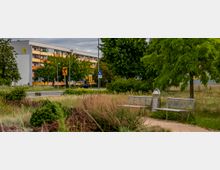 Ein Wohngebiet mit einem mehrstöckigen Gebäude mit orangefarbenen Balkonen im Hintergrund. Im Vordergrund befinden sich zwei moderne Parkbänke, umgeben von einer Wiese mit hohen Gräsern und Bäumen, sowie ein Weg und Verkehrsschilder.