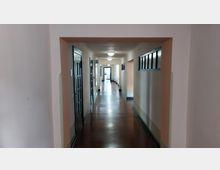 Schmaler, heller Flur in einem Gebäude mit glänzendem, rotbraunem Boden, cremefarbenen Wänden und Deckenlampen. Auf beiden Seiten befinden sich Türen mit Glasfenstern, rechts oben zusätzlich kleine, längliche Fenster.