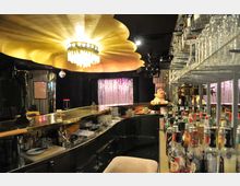 Innenansicht einer Bar mit einer langen Theke aus Metall, darauf verschiedene Getränke, Gläser und Dekorationen. Im Hintergrund befinden sich ein großer Kronleuchter mit goldener Blumenformdecke sowie eine glitzernde Vorhangkulisse.