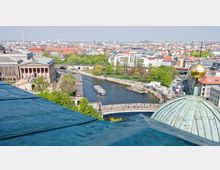 Blick von einer erhöhten Perspektive über die Spree in Berlin, mit einem historischen Gebäude links (Altes Museum) und einer Brücke, die den Fluss überquert. Im Hintergrund sind zahlreiche Bäume, moderne und historische Gebäude sowie eine belebte Stadtlandschaft zu sehen.