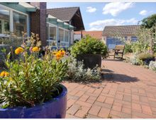 Pflasterweg in einem Gartenbereich mit blühenden gelben Blumen in einem blauen Topf im Vordergrund. Im Hintergrund sind ein Ziegelgebäude mit großen Fenstern, ein Holzdach und eine Holzgartenbank vor einer blauen Tür zu sehen, umgeben von Beeten mit weiteren Pflanzen.