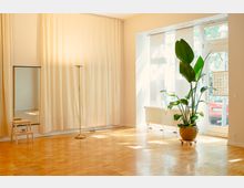 Heller, minimalistischer Raum mit Holzparkettboden, großen Fenstern und beigen Vorhängen. Im Vordergrund steht eine große Zimmerpflanze in einem gelben Topf neben einem Heizkörper und einer Glastür.