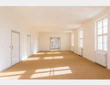 Heller, rechteckiger Raum mit weißen Wänden, vier weißen Türen auf der linken Seite und mehreren Fenstern mit Sprossen auf der rechten Seite. Am Ende des Raums befindet sich ein großer Rundbogen mit verglaster Tür, durch die Sonnenlicht einfällt; der Boden ist mit hellem Teppichboden ausgelegt.