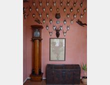 Raum mit einer rosa gestrichenen Wand, dekoriert mit zahlreichen Jagdtrophäen in Form von Tiergeweihen und einem präparierten Tierkopf. Im Vordergrund stehen eine hohe Standuhr aus Holz, eine antike, verzierte Holzkiste und ein kleiner Blumentopf mit einer Pflanze. Ein gerahmtes Bild hängt zentral zwischen den Trophäen.