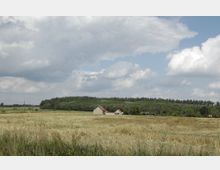 Weite Landschaft mit abgeerntetem Feld im Vordergrund, gesäumt von Bäumen und einem kleinen Bauernhof mit roten Dächern in der Mitte; darüber ein Himmel mit locker verteilten Wolken.