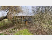 Eine einfache, verwitterte Holzhütte steht inmitten eines verwilderten Gartens mit kahlen Sträuchern und einem großen, gebogenen Baum im Hintergrund. Der Boden ist mit Gras, Laub und teils unebenem Erdreich bedeckt.