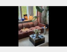 Wohnzimmer mit einem rosa Samtsofa, einem kleinen Beistelltisch mit Kerze und einer Pflanze im Hintergrund. Auf einem Couchtisch in der Mitte stehen eine Vase mit weißen Blumen, Bücher und weitere Dekorobjekte, während im Hintergrund ein großes Fenster mit Blick auf grüne Bäume zu sehen ist.