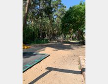 Ein Spielplatz in einem bewaldeten Gebiet mit Sandboden, umliegenden hohen Bäumen und schattigen Bereichen. Im Vordergrund befindet sich ein eingelassener Trampolinbereich, rechts sind Baumstämme und im Hintergrund Klettergeräte erkennbar.