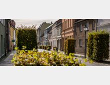 Eine gepflasterte Straße in einer Altstadt mit Reihenhäusern in verschiedenen Pastellfarben, flankiert von geschnittenen Hecken und einzelnen Laternen. Links sind Fassaden und Werbeschilder erkennbar, im Hintergrund verschwimmt die Ansicht in einer leichten Kurve.