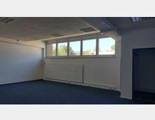 Ein leerer Büroraum mit weiß gestrichenen Wänden, einer Fensterreihe mit Blick auf Bäume und Gebäudedächer, blauem Teppichboden und einem großen Heizkörper an der Wand. Die abgehängte Decke ist mit rechteckigen Rasterplatten und eingebauten Leuchten ausgestattet.