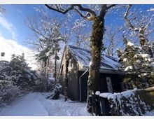 Schneebedecktes Einfamilienhaus mit dunkler Fassade und Satteldach, umgeben von verschneiten Bäumen und Sträuchern, bei klarem, sonnigem Himmel. Im Vordergrund führt ein schneebedeckter Weg entlang eines Zauns.
