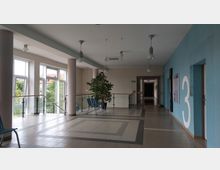 Ein heller Korridor in einem modernen Gebäude mit großen Fenstern auf der linken Seite, die Tageslicht hereinlassen. Rechts ist eine blaue Wand mit der Zahl "3" und Türen zu erkennen, in der Mitte stehen Stühle und ein großer Topf mit einer Pflanze, darüber mehrere hängende Lampen.