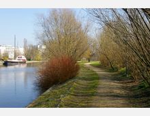 Ein Uferweg mit kahlen Bäumen und Sträuchern führt entlang eines ruhigen Flusses, auf dem ein anliegendes Boot zu sehen ist; im Hintergrund befinden sich Wohngebäude.