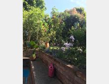 Gartenbereich mit einer erhöhten Beeteinfassung aus Ziegelsteinen, bepflanzt mit bunten Blumen und Bambus. Im Vordergrund stehen eine Gießkanne und ein Topfpflanze auf einem Holzdeck, umgeben von dichtem Grün und Bäumen.