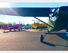 Flugplatz mit drei kleinen Propellerflugzeugen: Im Vordergrund ein grünes Flugzeug mit einem Flügel, der über die Szene ragt, dahinter ein rotes Doppeldeckerflugzeug und ein gelbes Doppeldeckerflugzeug auf einer asphaltieren Fläche bei Sonnenschein. Im Hintergrund sind Bäume und ein Tankbereich zu sehen.