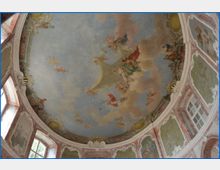 Deckengemälde in einem barocken Rundsaal mit aufwendigen Stuckverzierungen, großen Fenstern und himmelartigen Fresken, die Figuren in Wolkenlandschaften darstellen. Die Wandflächen sind mit weiteren Gemälden und Ornamenten geschmückt.