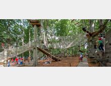Ein Hochseilgarten im Wald mit zahlreichen Kletterelementen und Plattformen zwischen hohen Bäumen. Menschen, vor allem Kinder mit Sicherheitsausrüstung, klettern auf Holz- und Seilkonstruktionen oder warten am Boden.