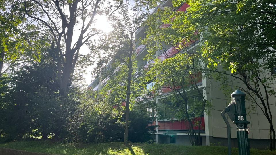 Mehrstöckiges Wohngebäude mit hellen Fassaden und roten Balkonen, teilweise von hohen Bäumen und dichtem Grün verdeckt. Im Vordergrund verlaufen ein Gehweg und eine niedrige Mauer; rechts steht ein grüner Hydrant mit der Nummer 58.