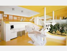 Heller, moderner Zahnarztpraxisraum mit gelben Wänden und Böden, einer Behandlungseinheit mit ergonomischem Zahnarztstuhl, Schränken und Waschbecken sowie Glaswänden, die mit Topfpflanzen dekoriert sind.