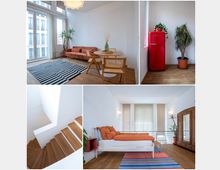 Collage aus Innenaufnahmen einer modernen Wohnung mit Holzfußböden: Ein Wohnzimmer mit großen Fenstern, einem orangefarbenen Sofa, einem Holztisch und einem gestreiften Teppich; ein Bereich mit einer roten Kühlschrank-Panoramawand und Topfpflanzen; eine Holztreppe in minimalistischem Design; ein Schlafzimmer mit einem weißen Bett, oranger Bettwäsche, farbigem Teppich und einem Kleiderschrank aus Holz.