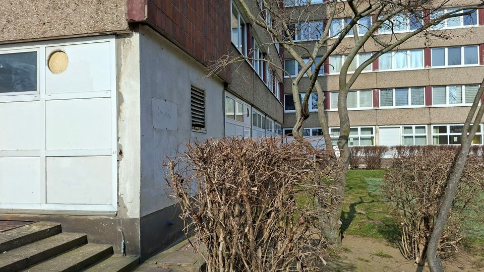 Außenansicht eines mehrstöckigen Gebäudekomplexes mit rau verputzten Fassaden und langen Fensterreihen; links ist ein Seiteneingang mit Stufen und weißer Tür zu sehen. Davor liegen ein kleiner Grünstreifen mit kahlen Hecken und mehreren Bäumen sowie ein schmaler Gehweg entlang des Gebäudes.