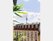 Blick auf ein historisches Gebäude mit roten Dachziegeln und zahlreichen Fenstern im Mansardendach, im Hintergrund der Berliner Fernsehturm unter blauem Himmel mit weißen Wolken; vorn teils unscharfe grüne Pflanzen.