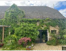 Ein altes Steingebäude mit Ziegeldach, teilweise von grünen Efeuranken überwuchert. Im Vordergrund ein gepflasterter Hof mit Pflanzen und Blumen in Töpfen, sowie ein gläserner Eingang mit schwarzem Rahmen.