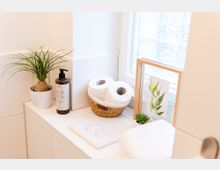 Minimalistisch eingerichtetes Badezimmer mit einer weißen Ablage, auf der sich eine kleine Zimmerpflanze, eine Handseifenspenderflasche, ein Korb mit Toilettenpapierrollen, ein gerahmtes Bild mit Pflanzenmotiv und eine kleine Sukkulente befinden. Im Hintergrund ist ein mattes Fenster zu sehen, das Tageslicht hereinlässt.