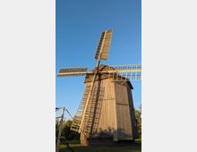 Holz-Windmühle mit hohem, vertikal verschaltem Turm und vier großen Flügeln, vor blauem Himmel. Im Vordergrund sind ein Grasstück und am Rand Bäume sowie Abspannseile und ein Pfosten zu sehen.