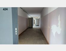 Ein schmaler, leerer Flur in einem Gebäude mit rosafarbenen Wänden, teilweise abblätternder Farbe, und grauen Türen. Eine Tür mit der Nummer „424“ ist geöffnet, während weitere Türen im Hintergrund mit Beschriftungen wie „WC“ und „405“ sichtbar sind.