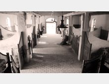 Innenansicht eines Pferdestalls mit gemauerten Wänden und einzelnen Boxen, die durch Holz- und Metalltüren abgetrennt sind. Der Stall hat einen Ziegelboden, gewölbte Fenster und zentrale Hängelampen; im Hintergrund ist ein mit Licht durchfluteter Eingang zu sehen.