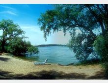 Sandstrand mit Blick auf einen See, umgeben von dichten Bäumen und Büschen. Im Vordergrund steht eine Liege auf dem Sand, und im Hintergrund ist eine bewaldete Küstenlinie sichtbar.
