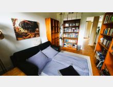 Wohnzimmer mit einem ausgezogenen Schlafsofa, grauer Bettwäsche und einem schwarzen Bezugsstoff. Im Hintergrund sind Bücherregale aus Holz, ein leeres Regal, sowie eine Tür, die in einen Flur führt, zu sehen. An der Wand hängt ein großformatiges Bild mit einer bunten Szene.