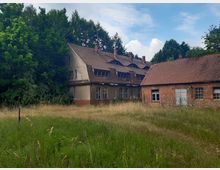 Zwei alte Gebäude auf einem überwucherten Grundstück, umgeben von Bäumen. Das größere Haus hat ein schräges Dach mit Dachgauben, während das kleinere Gebäude aus Ziegelmauerwerk besteht und eine verwitterte Holztür sowie Fenster hat.